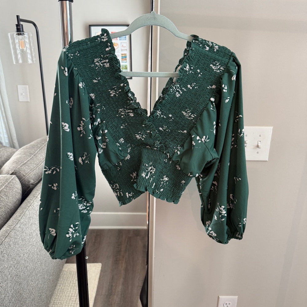 Floral Green Smocked Women's Top